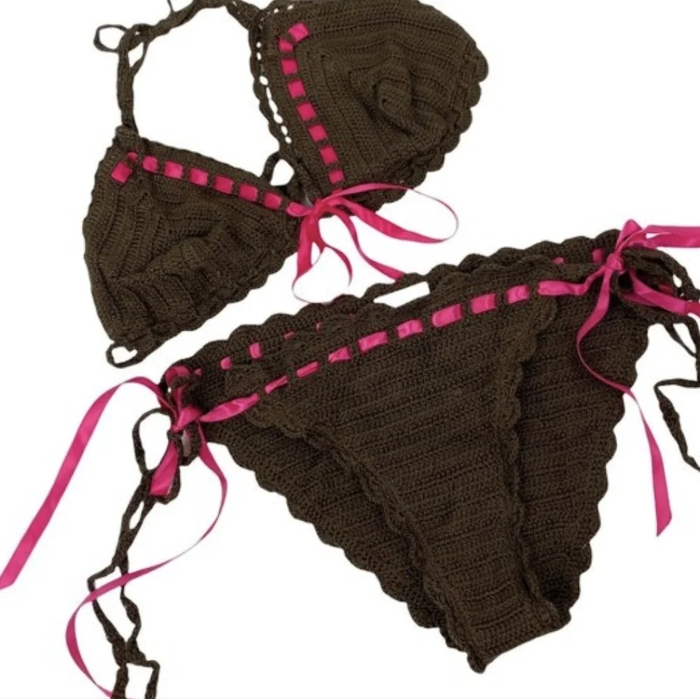 Anna Kosturova Crochet Ribbon Lace Bikini Brown Pink L - Picture 5 of 5